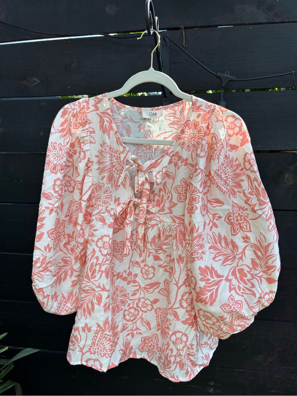Oddi Coral Floral Tie-Neck Peasant Blouse